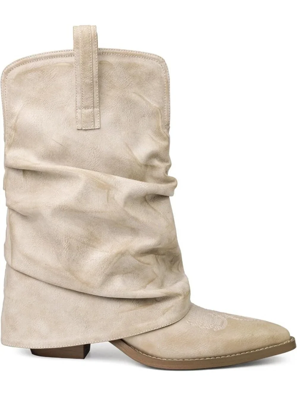 Women's Beige Rubber Calf High and Pointed Toe Slouchy Riding Boots